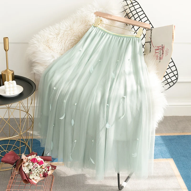

Elegant Solid Mesh Skirt for Women High Waist A- Line Mid-Length Skirt 2021 Summer Fashion Loose Versatile Lolita Pleated Skirt