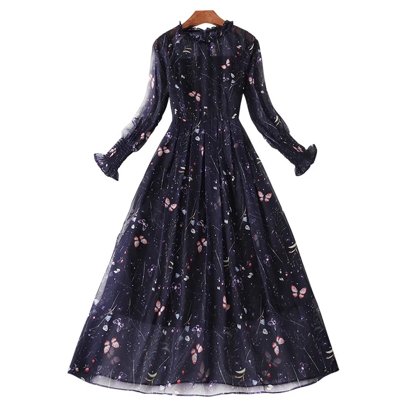 

Women Long Sleeve Chiffon Dress Korean Style Floral Patterns Print Pleated Dresses 2020 Summer Navy