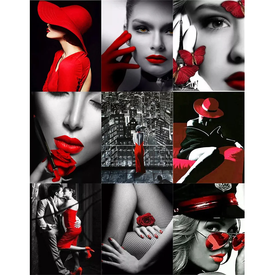 

Home Full Square Round Diamond 5D DIY Diamond Painting Portrait "Black and Red Woman" Embroidery Cross-stitch 3D Decoration Gift