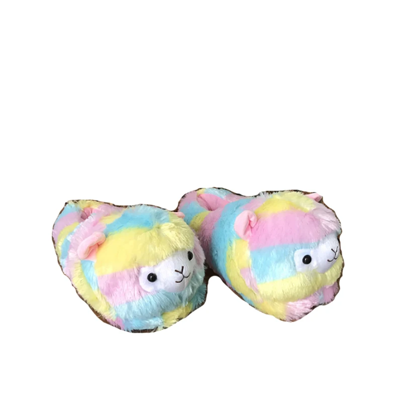 Cute fashion winter cute rainbow colorful alpaca women indoor slipper