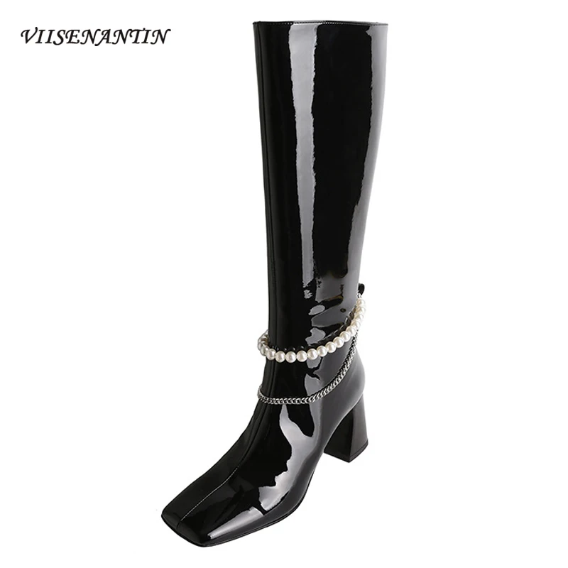 

New Autumn and Winter Pearl Chain Patent Leather Boots Thick Heel Square Toe Side Zipper But Knee High Heel Knight Boots