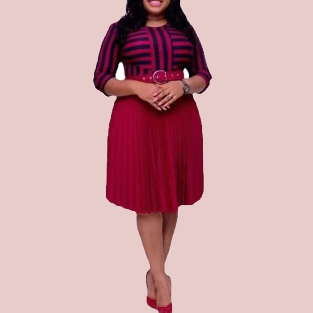 

Spring Summer 2021 Fashion Slim Stripe Oversize Women's New Sleeve Splicing Pleated Dress Commute High Waist Round Neck