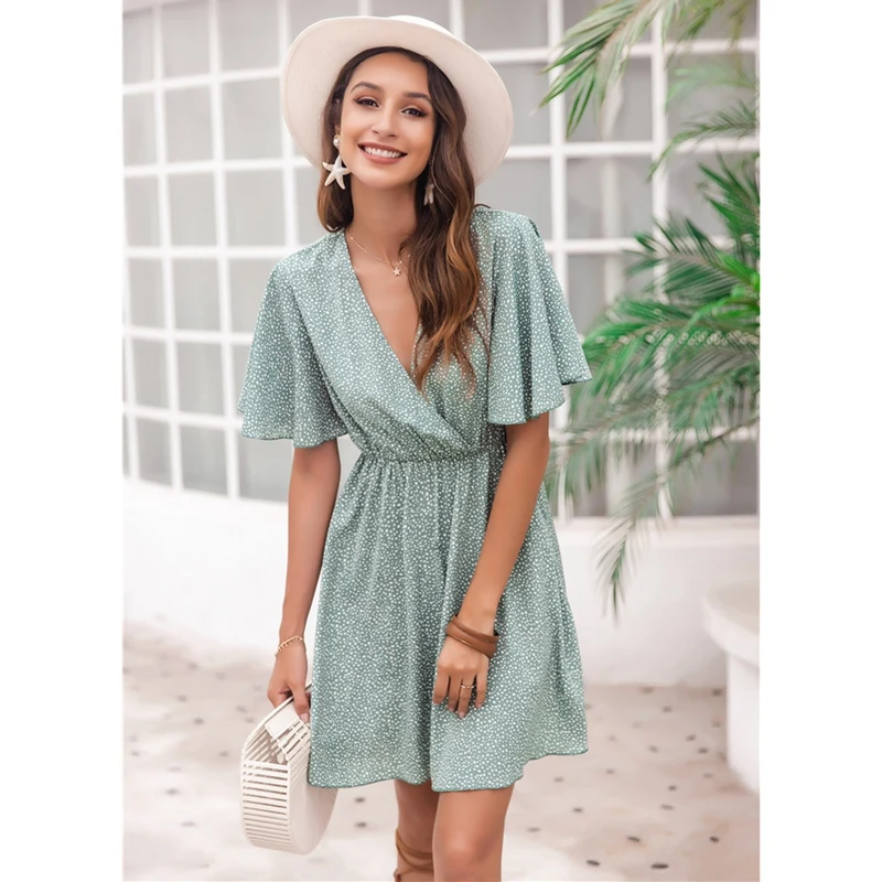 

Women's Dress Vacation Storm Dot V-Neck Dress Green