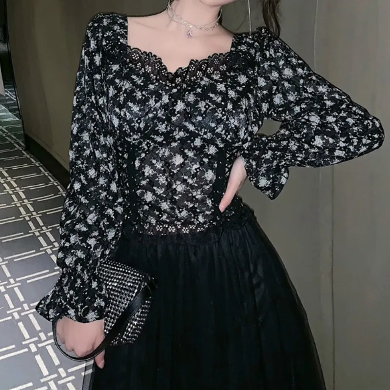 Блузка женская кружевная с цветочным принтом модный топ в французском винтажном