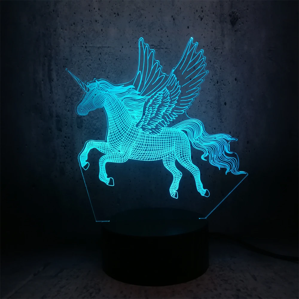 3D светодиодный светильник ночник с крылатым единорогом RGB лампа вечерние