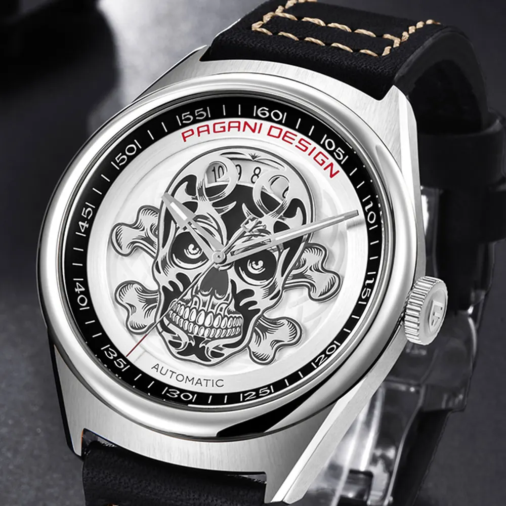 Мужские классические часы Pagani дизайнерские кожаные с белым циферблатом и