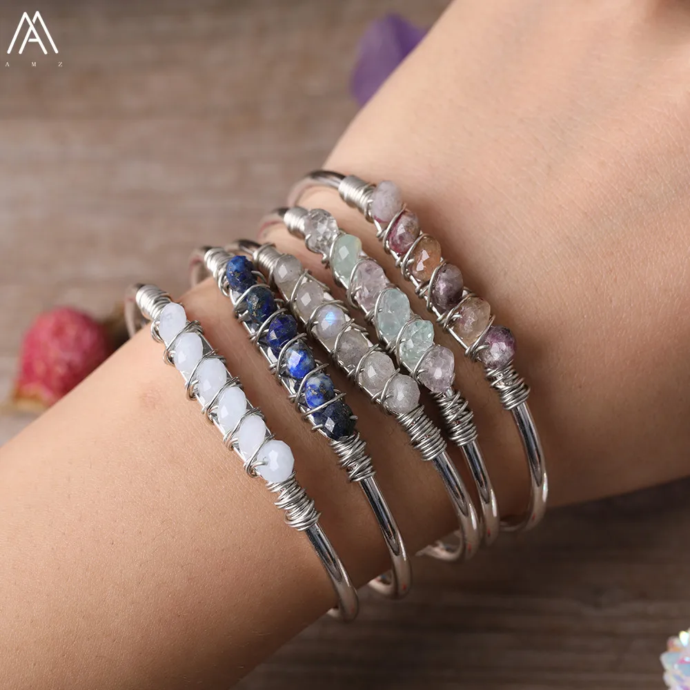 

Silvery Copper Wire Wrapped Natural Labradorite Amethysts Quartz Stone Faceted Rondelle Beads Open Cuff Bangle Bracelet Jewelry