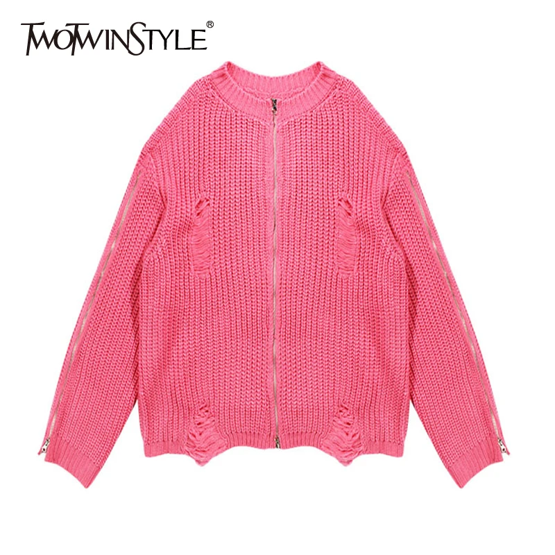 Женский вязаный кардиган TWOTWINSTYLE Повседневный свитер с длинными рукавами дырками