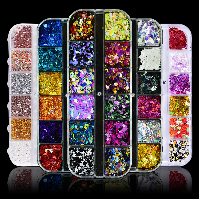12 Grids/Box Mixed Color Laser Nail Glitter Sequins DIY Paillett Art Decorations Plastic Multi-Shape Irregular Flakes KR#36 | Красота и