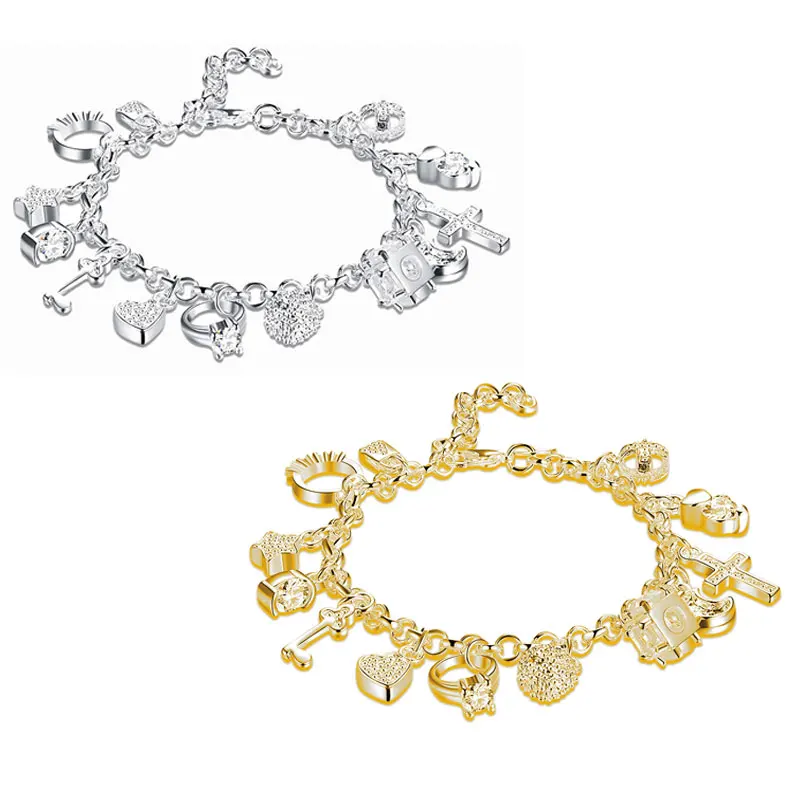 2 цвета луна звезды солнце Крест ключ сердце замок круг Шарм Браслеты Для женщин