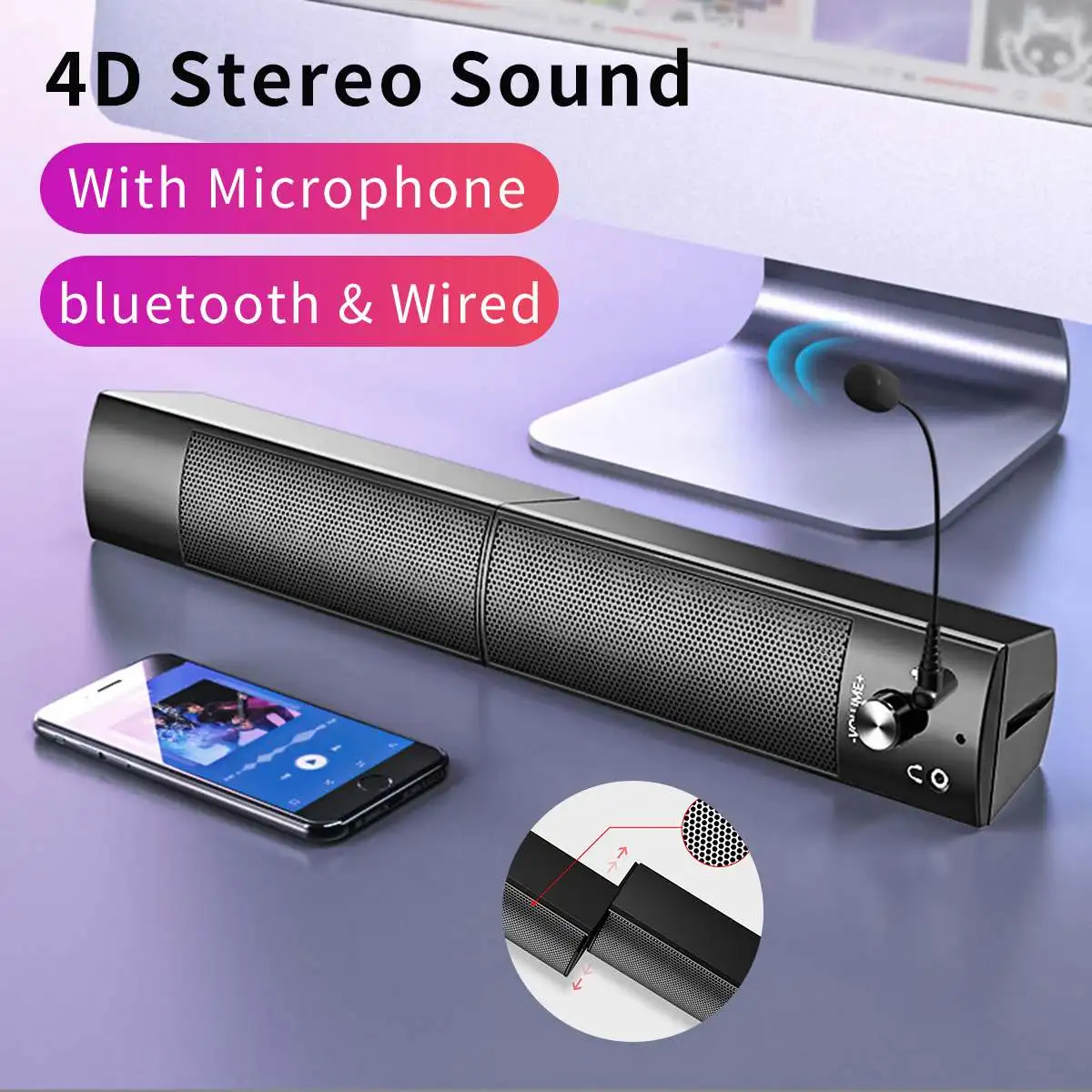

bluetooth Speaker Detachable Computer Speakers Soundbar Super Bass Surround Sound Home Theater Subwoofer For Gaming PC Laptop