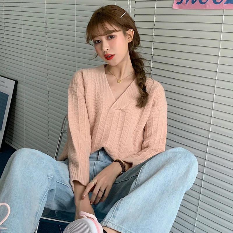 

Anglo-American yuan han edition v-neck film hemp pattern knitted sweater coat female pure color joker