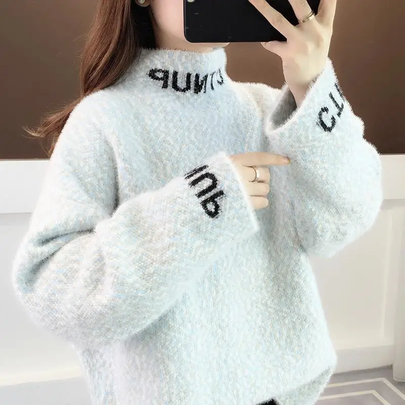 Autumn/winter New Mink Velvet Turtleneck Sweater Female Students Loose Wear Lazy Wind Sleeve Head Bottom Knit | Женская одежда