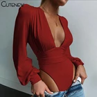 Cutenew однотонные образный Талия Сексуальная Bodycon боди для женщин весна сексуальное нижнее белье с глубоким v-образным вырезом и рукавами-фонариками стройные активные уличная женская одежда