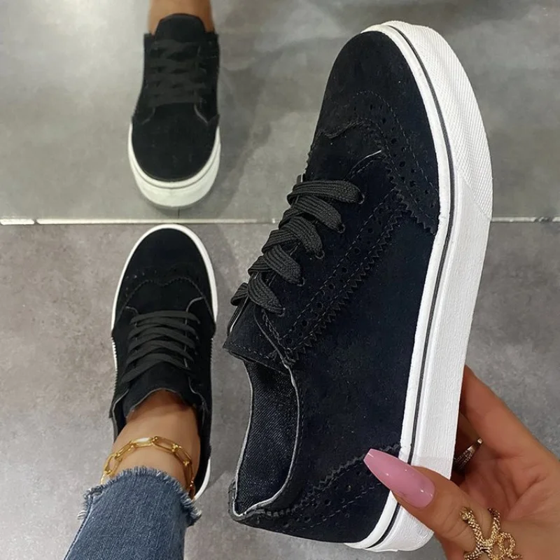 

Spring Autumn Female Flat Vulcanized Ladies Walking Shoes Platform Lace Up Solid Women Casual Footwear PU Leather Fashion 2021