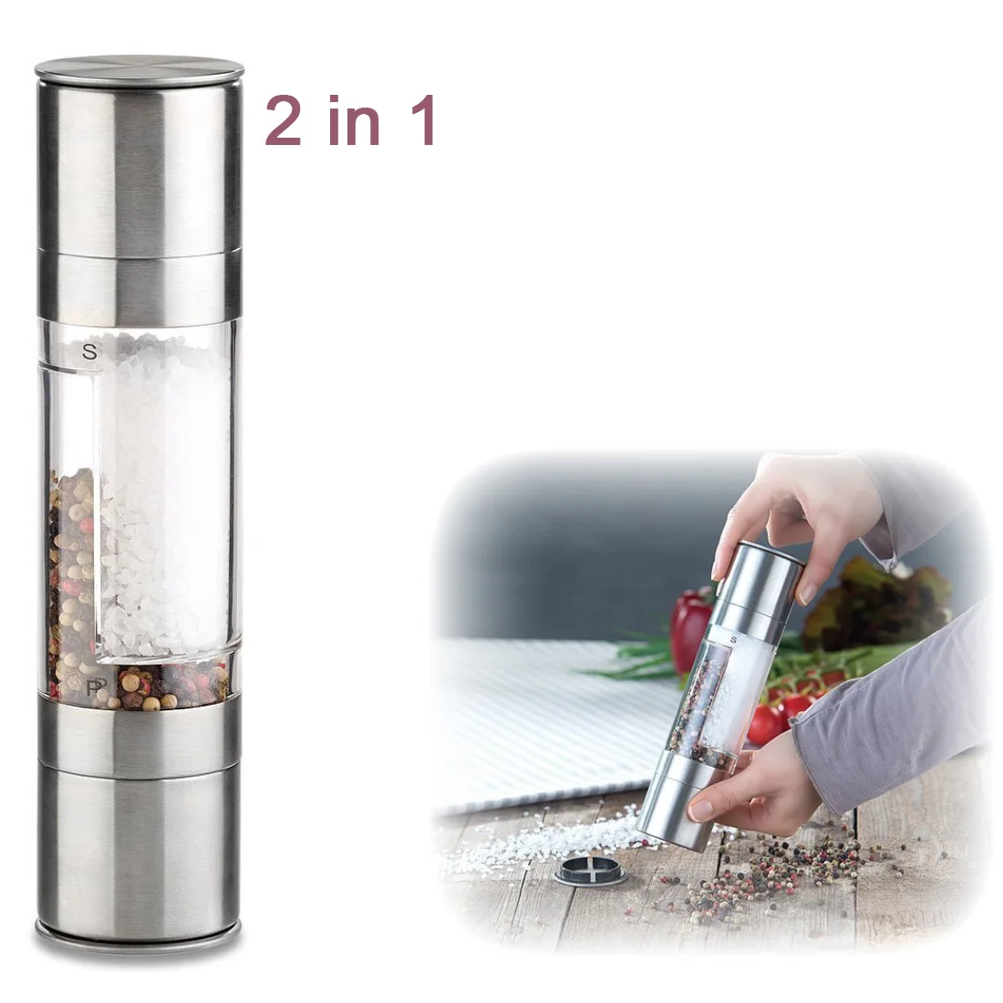 

Pepper Grinder 2 in 1 Stainless Steel Manual Salt Pepper Mill Grinder Seasoning Kitchen Tools Grinding for Cooking Restaurants