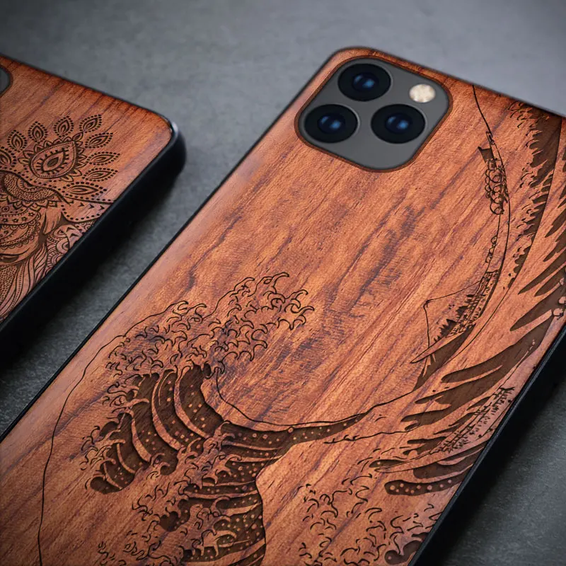 Carved Real Wood Case for iPhone 11 Wooden TPU Frame Skull Wave Flora Pro Max 7 8 Plus XS X XR |