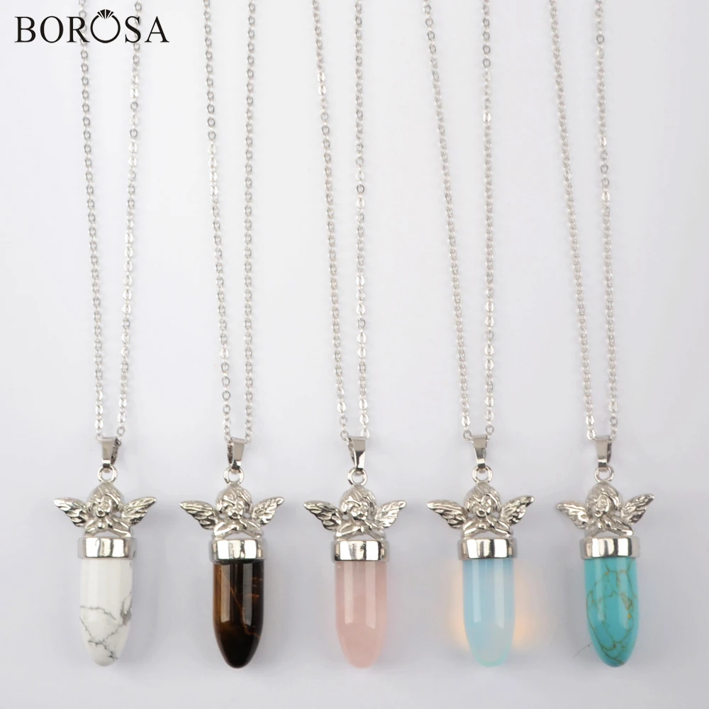 Natural Stone Silver Color Necklace Column Crystal Bullet White Opal with Cupid Angel Women Gifts WX1360-N | Украшения и