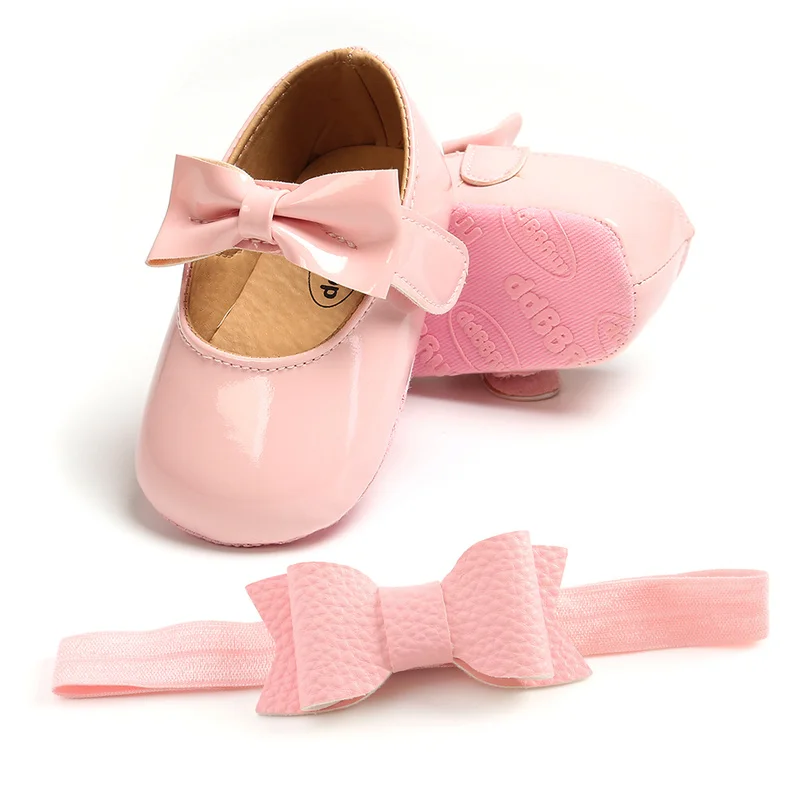 

Toddler Baby Girls Shoes Soft Sole Patent leather Newborn Baby Bow Princess Shoes+Headband Infant Cute FirstWalkers Shoes
