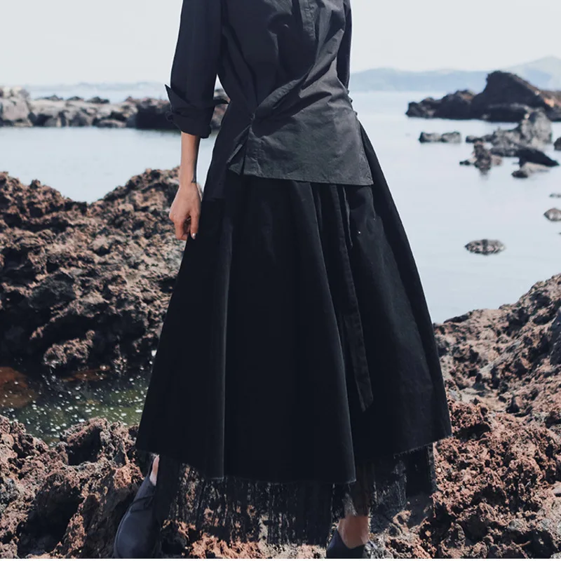 [LANMREM] 2020 Весенняя Новинка модная черная юбка-зонтик с кружевной строчкой и