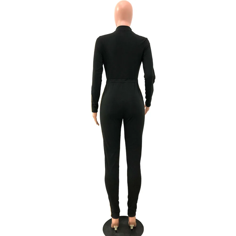 

Yellow Striped Spliced Slim Fit Party Jumpsuit for Women Deeo V Neck Long Sleeve Skinny Romper Moto Biker Black Bodycon Bodysuit