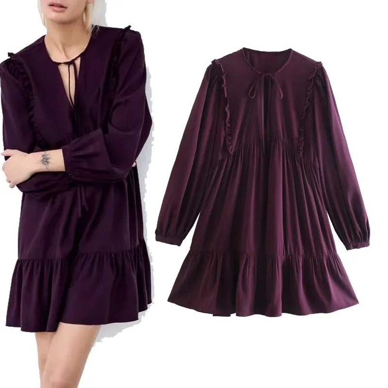 

Женское Плиссированное короткое платье Za, черное элегантное вечернее платье с длинным рукавом и V-образным вырезом, винтажное свободное пла...