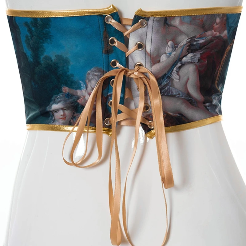 

Women Lace Up Girdle Waist Cincher Buckle Stretch Belt Corset Oil Painting Tied Corset Wide Elastic Waistband