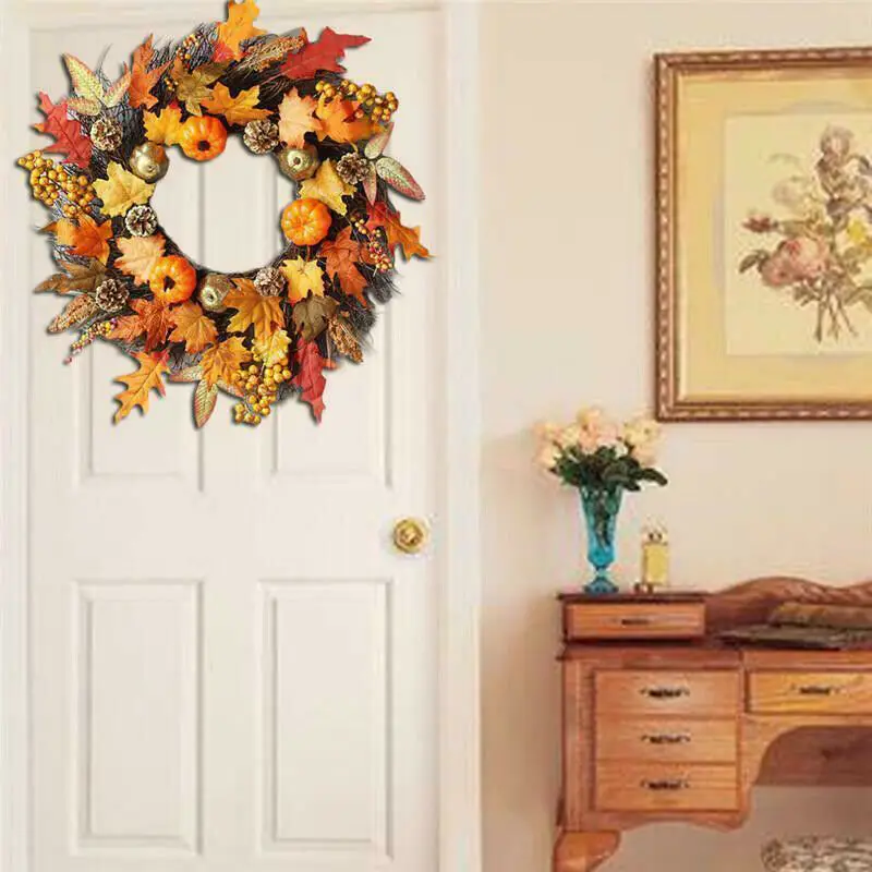 

45cm Autumn Maple Leaf Pumpkin Wreath Thanksgiving Halloween Home Decoration