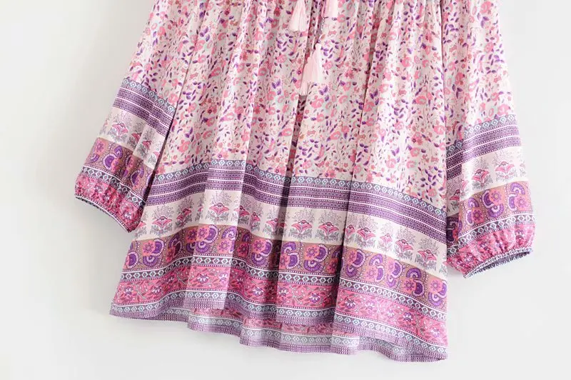 Boho chic happie женское розовое Цветочное платье с длинным рукавом, кисточками и оборками, Пляжное богемное мини-платье, женское Свободное платье с v-образным вырезом, вискозное платье