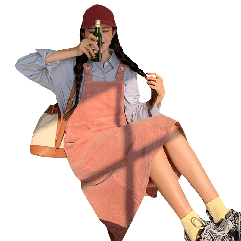 

Early Spring Corduroy Suspender Dress Design Sense Non-mainstream French Style Platycodon Grandiflorum Two-Piece Suit Skirt