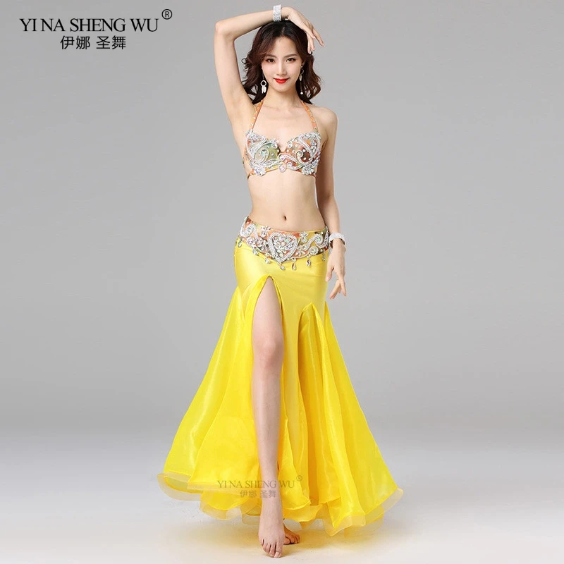 Женский Египетский танцевальный костюм желтый с бисером и чашкой 34B/36B/38B в