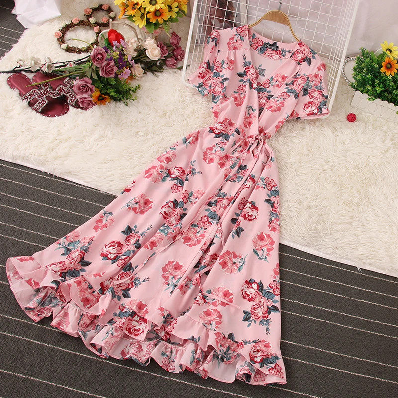 

skirt dress long-sleeved v-neck printing cultivate morality show thin wrapped in a chip design and color long skirt