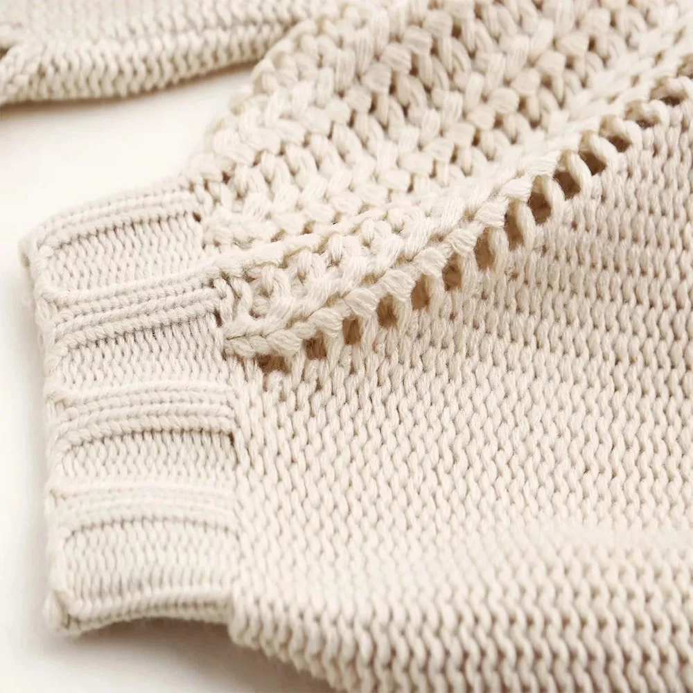 

2021 Fall New Women's Retro Drawstring Lazy V-neck Knit Pullover Loose Hollow All-match Sweater Jacket