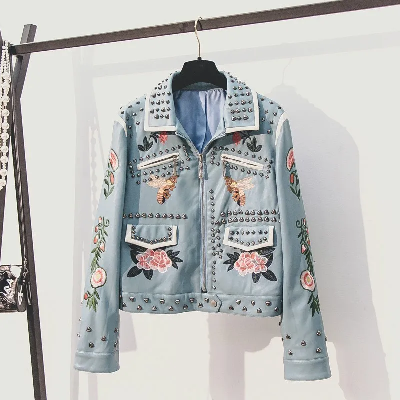 Новинка 2020 женские Байкерские Куртки из искусственной кожи с цветочной вышивкой