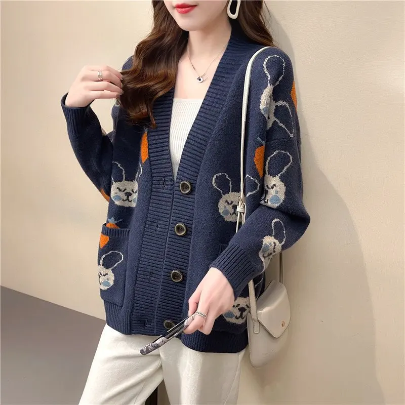 

2021 New V-neck Knitted Cardigan Women's Autumn And Winter College Mid-length Coat Korean Style Loose Outer Jacket