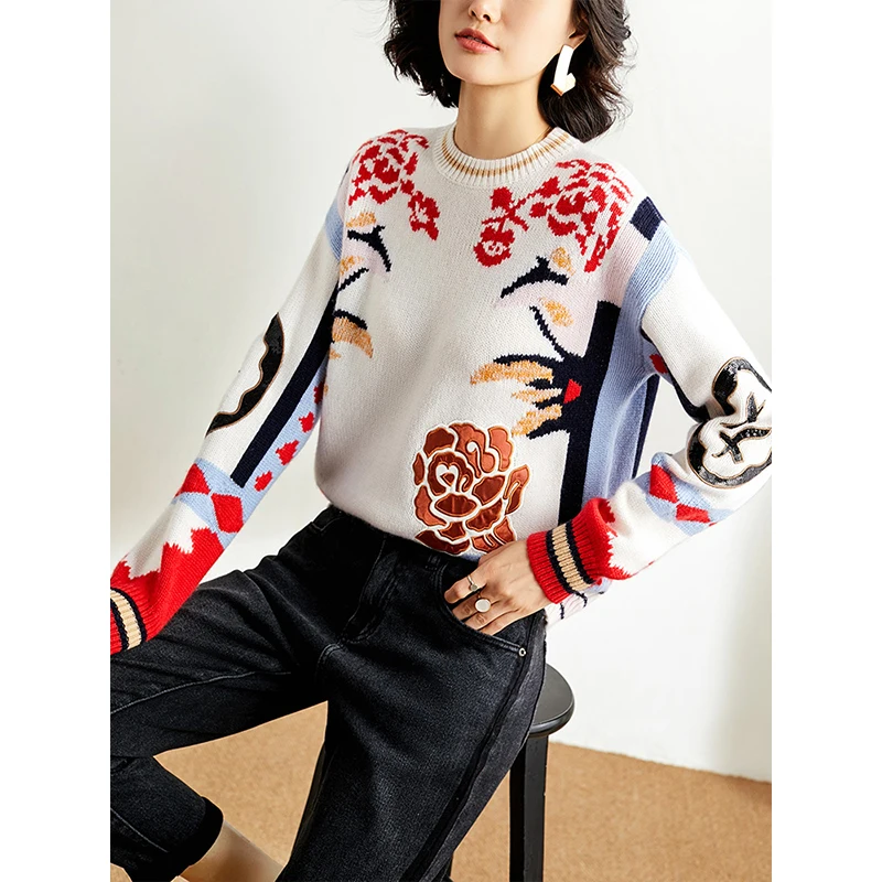 2019 Winter Wool Blend Sweater Loose Jumper Women O-neck Flower Swallow Appliques Embroidery Knitted Ladies Pullovers | Женская одежда
