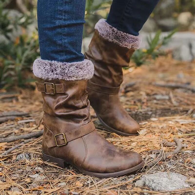 

Female Shoes 2022 Autumn Winter Mid Calf Retro Pu Leather Fashion Ladies Martin Boots Plus Velvet Warm Buckle Strap Women Boots