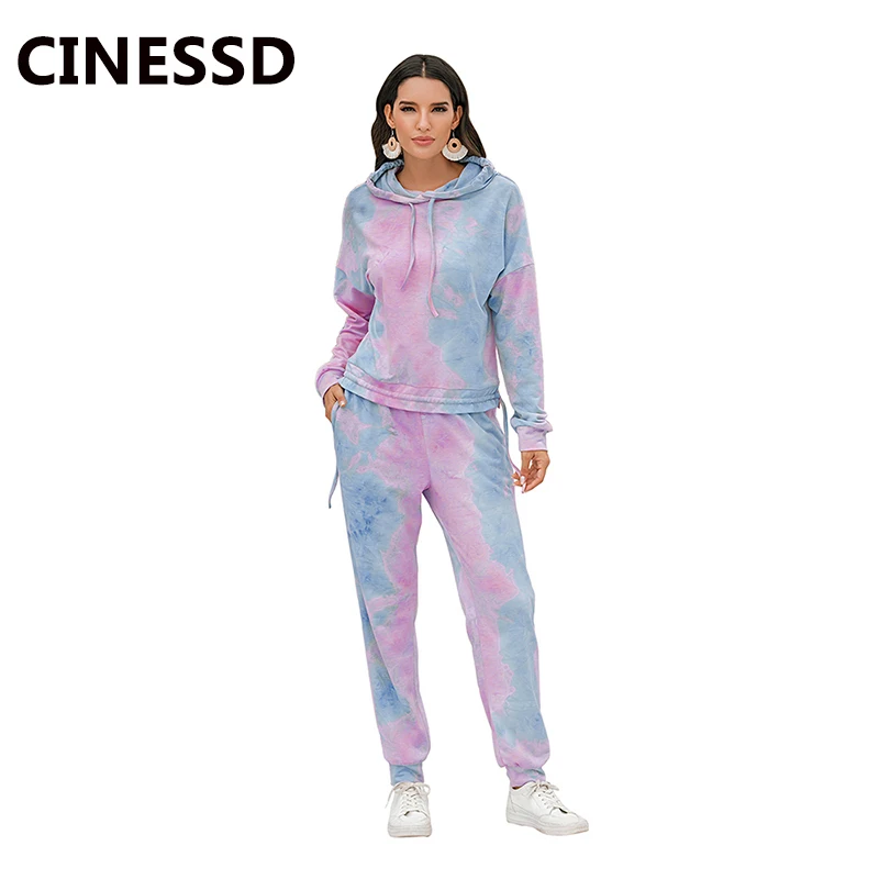 Костюм спортивный женский из 2 предметов худи и штаны с принтом тай-дай |