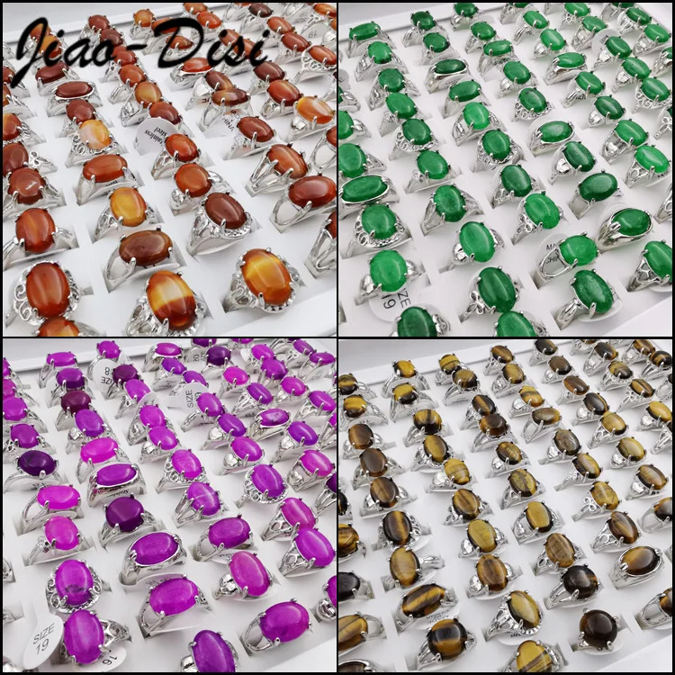 

20pcs/lot Mens Nature Stone Silver Plated Rings Vintage Metal Glass Couple Jewelry Rings for Women Party Gift