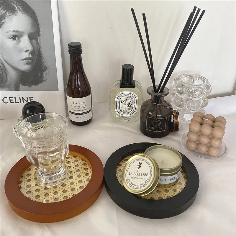 15cm Vintage Rattan Round Decorative Storage Tray Fruit Plate Desktop Small Items Jewelry Display Minimalist Wood | Дом и сад