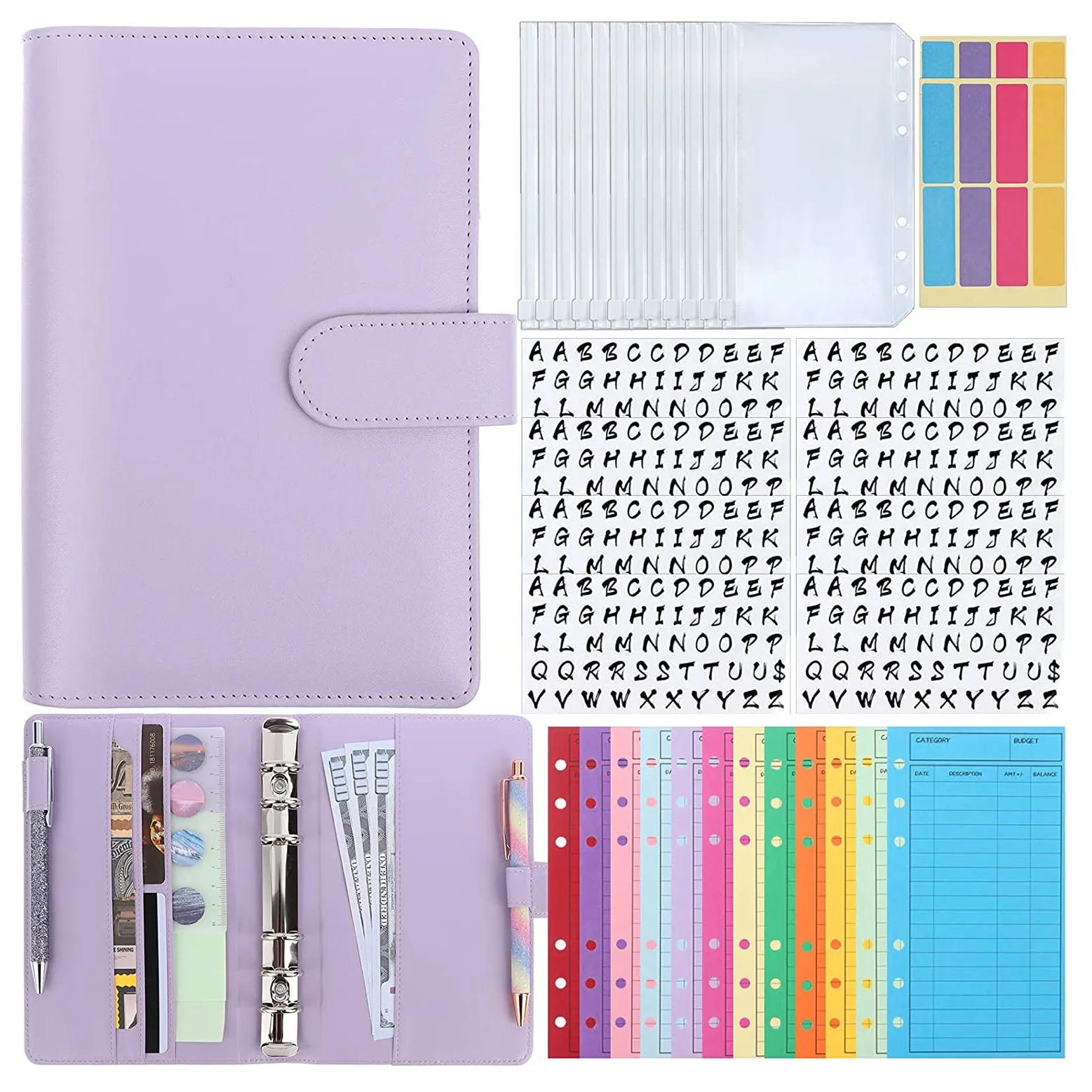 

A6 Binder Budget Cash Envelope System Organizer,12 Patterns Budget Envelopes,Storage Bag, Alphabet Stickers, for Money Planner