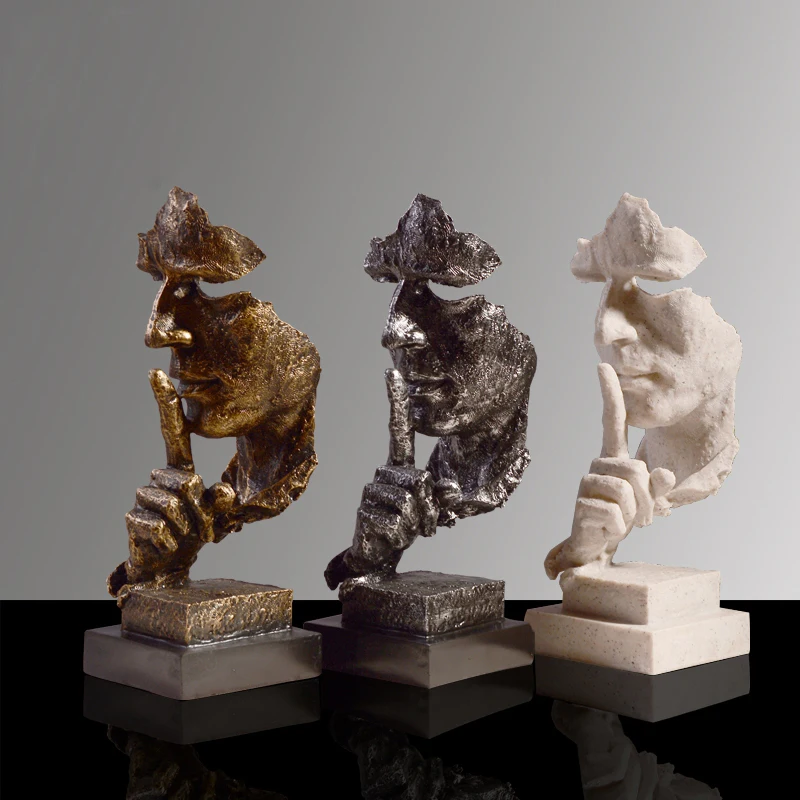 

2019 Resin Art Silence Mask Figurines Abstract Silence Is Gold Statuettes Mask Miniatures Sculpture Home Decoration Artwork G