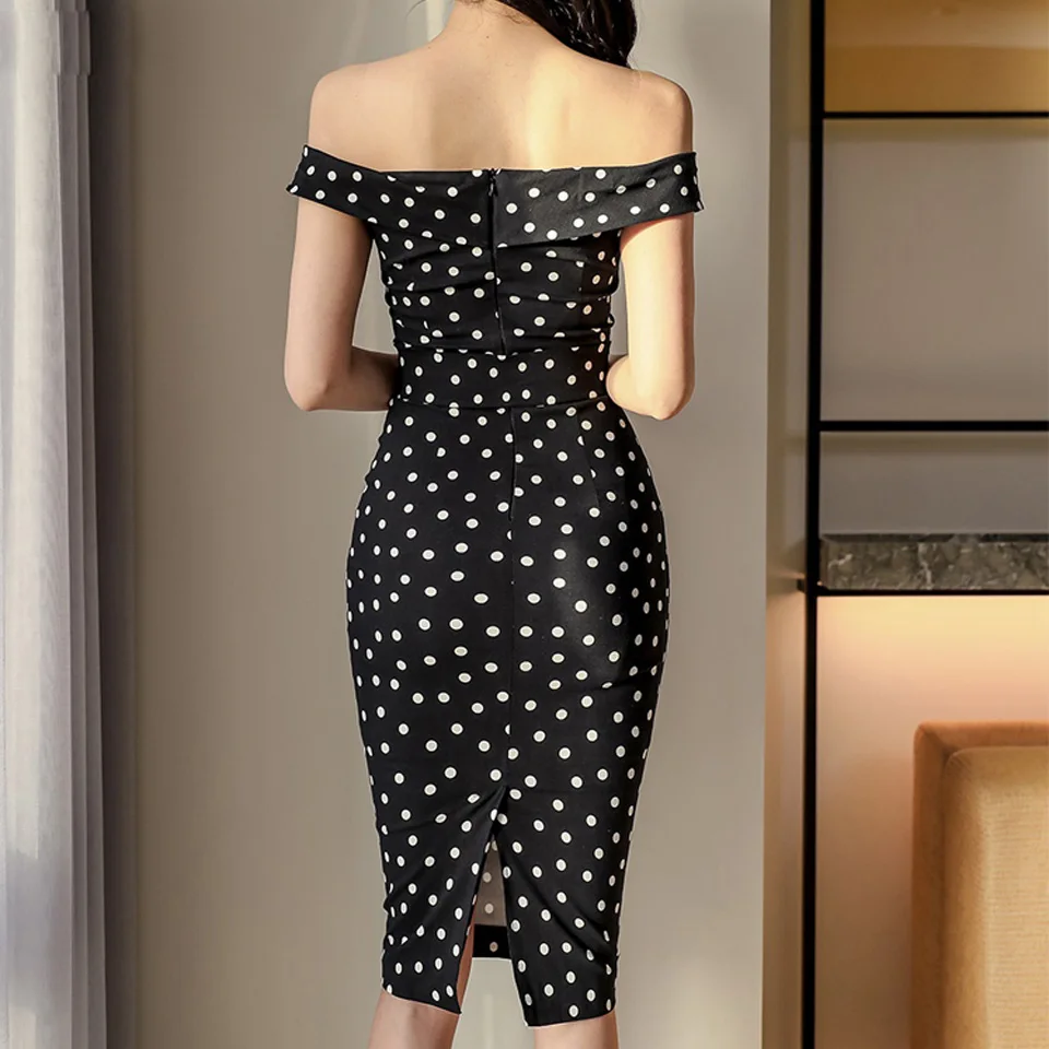 

Elegant Office Dress 2021 Summer Sexy One Word Collar Card Shoulder Double Row Decorative Polka Dot Pattern Party Dress Women
