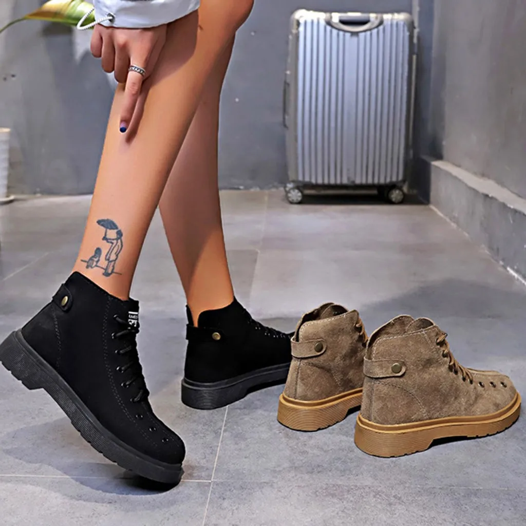 Martin Boots for women Lace-Up ankle boots 2019 Fashion Flock Bread Shape Winter Lace Up Casual Flat Heel Round Head Booties | Обувь