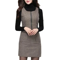 woman spring hot sale solid sleeveless o neck knee length loose 30 woolen a line dresses female autumn hedging wool dress
