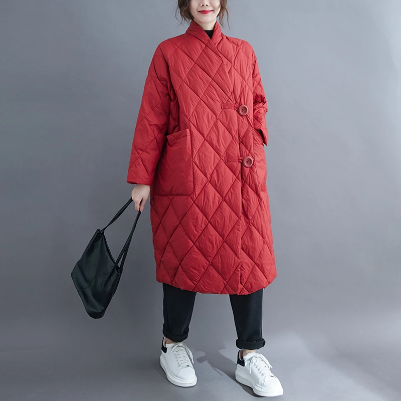 

Oversized Women Quilted Coats V-Neck Solid Argyle Long Knee-Length Straight Thicken Warm Female Outwear Tops