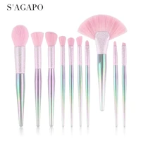 sagapo 10pcs rainbow makeup brushes sets eyeshadow eyebrows fundation concealer makeup brush 3d crystal large fan blush brush