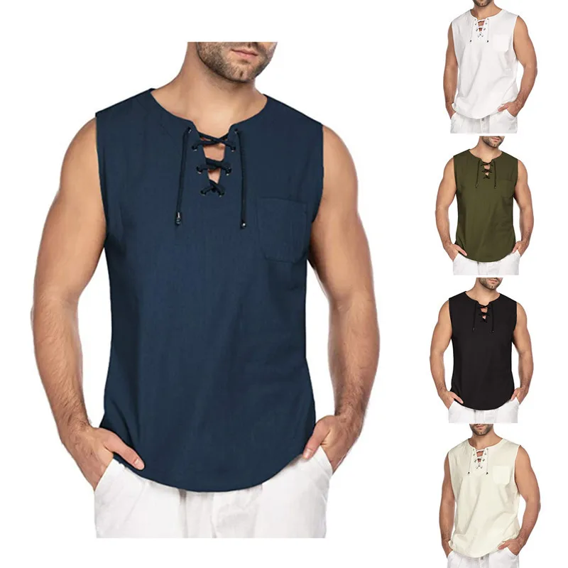 

2021 Summer New Men's Cotton Linen Sleeveless Vest Fashion Pure Color T-shirt Men Korean clothing tank tops designer 2021