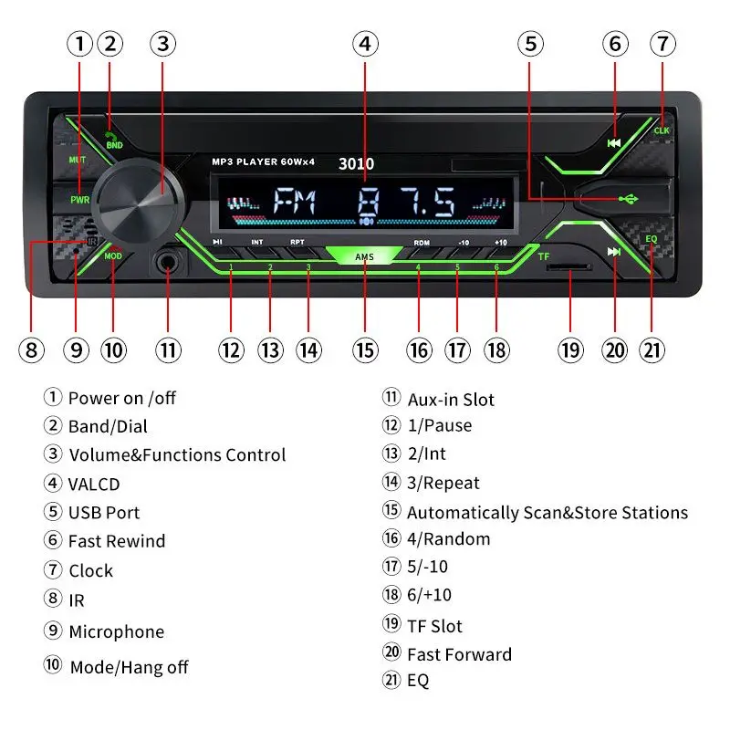 Автомагнитола SINOVCLE 60Wx4 стерео MP3 плеер с поддержкой Bluetooth AUX/USB/TF карт цветным