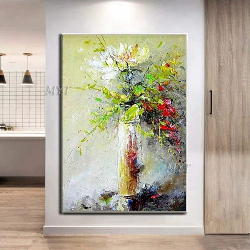 Картина маслом цветы в вазе Большой Современный Настенный декор ручной работы